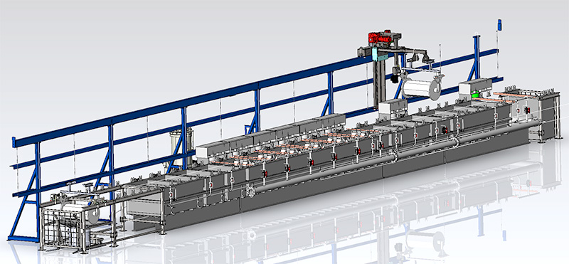 Solid Works 3D model of a side-arm hoist nickel plating barrel line engineered, built and installed by Palm Technology