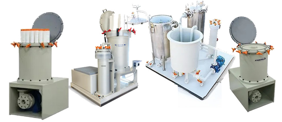 Multi-cartridge filtration unit featuring PVDF housing, engineered for fine particle filtration in electroless nickel plating applications.