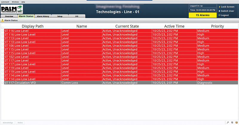 Plating Line control system error log screen shot, provided by Palm Technology
